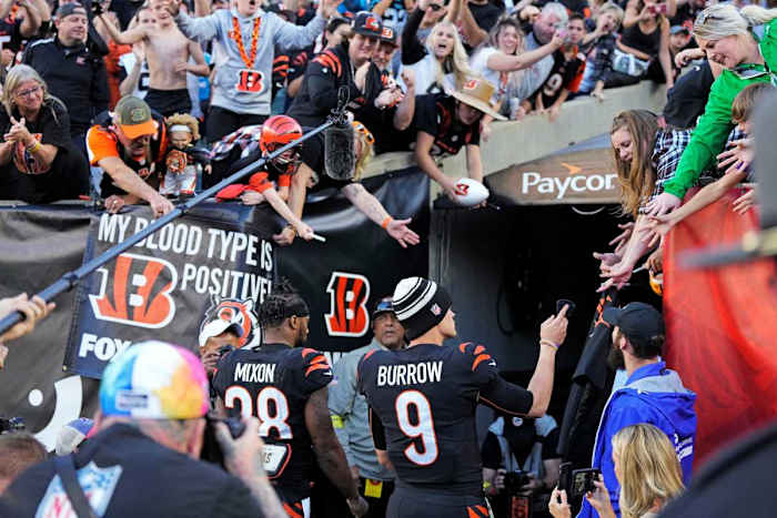 Cincinnati Bengals running back Joe Mixon (28) and quarterback Joe Burrow (9) walk for the locker room after the fourth quarter during a Week 9 NFL game, Sunday, Nov. 6, 2022, at Paycor Stadium in Cincinnati. Mandatory Credit: Sam Greene-The Enquirer Nfl Carolina Panthers At Cincinnati Bengals
